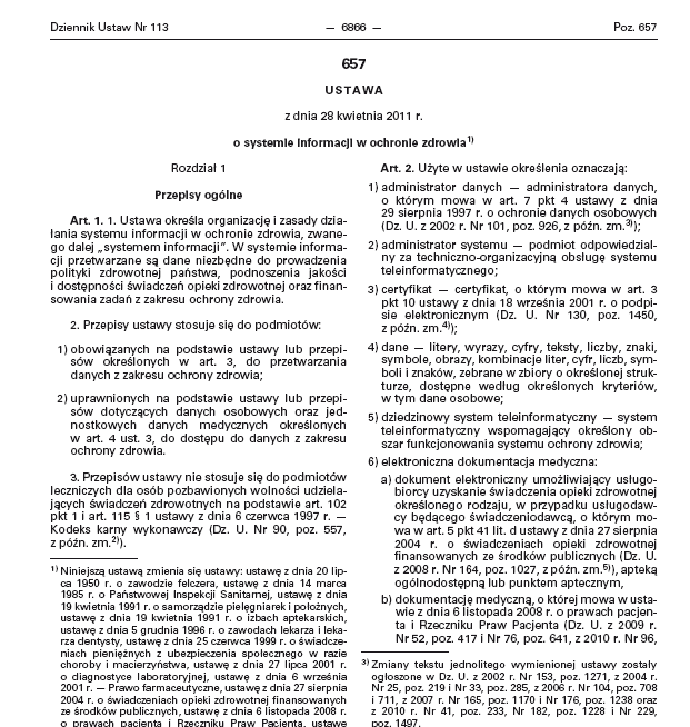 Nowe podstawy prawne Ustawa o systemie informacji w ochronie zdrowia