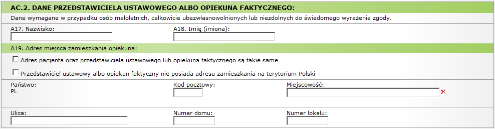 Dane personalne i adresowe uzupełnia się analogicznie do uzupełniania danych dla osoby dorosłej. Uzupełnienie informacji dla noworodka W przypadku noworodków uzupełniając część AC.1.
