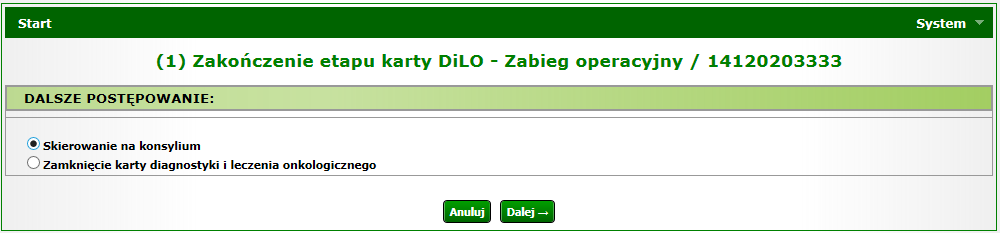 Rysunek 1-25Przykładowa lista kart diagnostyki i leczenia onkologicznego Na Liście kart diagnostyki i leczenia onkologicznego karta, dla której został wprowadzony etap Zabieg operacyjny otrzyma