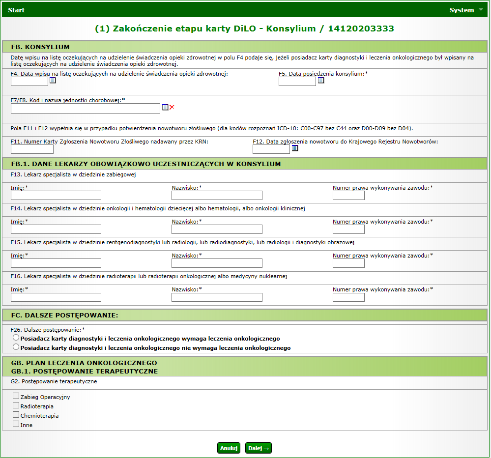 Na Liście kart diagnostyki i leczenia onkologicznego karta, dla której został wprowadzony etap Konsylium otrzyma status Konsylium rozpoczęty.