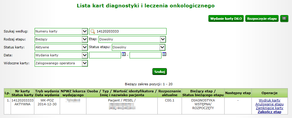 W trzecim kroku należy wybrać ze słownika miejsce udzielania świadczeń oraz umowę, w ramach której nastąpi rozliczanie etapu karty DiLO.