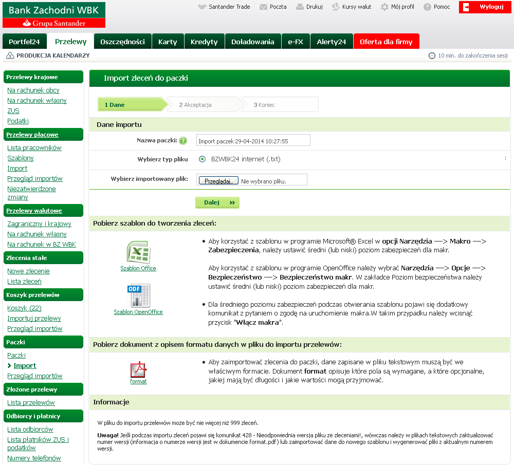 PACZKI (II) Opcja IMPORT pozwala na wczytanie do 999 przelewów z zewnętrznego programu do paczki za pomocą pliku tekstowego przygotowanego w odpowiednim formacie.