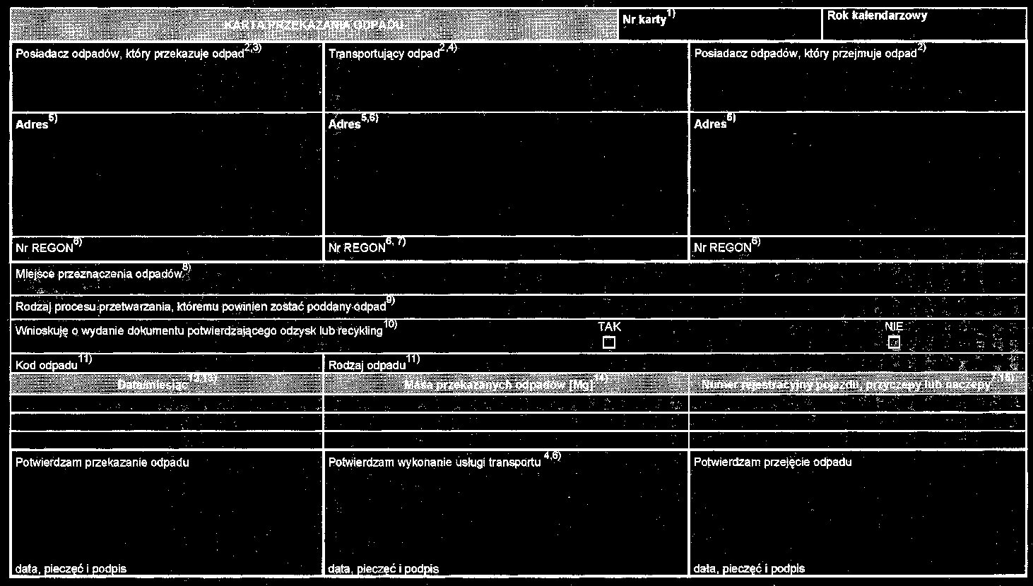 Załącznik 6. Karta przekazania odpadu Objaśnienia: 1) Numer jest nadawany przez posiadacza odpadów, który przekazuje odpad. 2) Podać imię i nazwisko lub nazwę podmiotu.