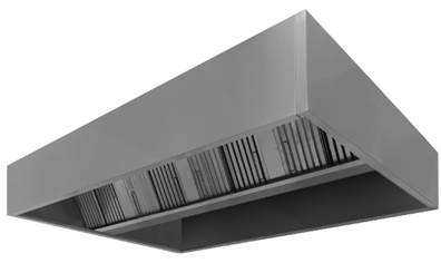 Okap z filtrami montowany do sufitu GNCD Okap oraz zestaw odpływowy wykonany z blachy nierdzewnej AISI 304. Rura łącząca o śr. 250, 315.