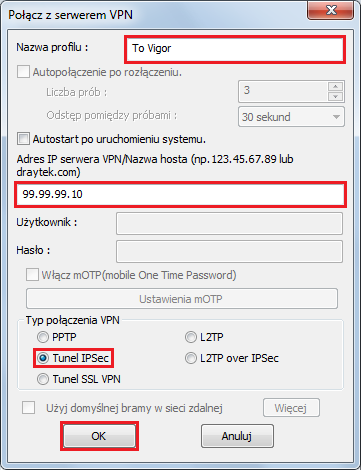 2. Konfiguracja klienta VPN Kliknij przycisk Wstaw Wypełnij dane dotyczące adresu serwera i typu VPN: w polu Nazwa profilu wpisz dowolną nazwę dla połączeni np. To Vigor.