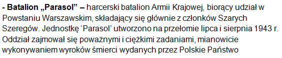 PARASOLA PIOSENKA SZTURMOWA Chłopcy silni jak stal, oczy patrzą się w dal, Nic nie znaczy nam wojny pożoga. Hej sokoli nasz wzrok, w marszu sprężysty krok I pogarda dla śmierci i wroga.