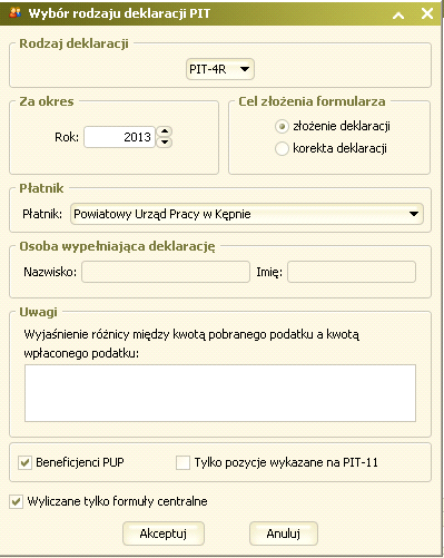 Proces generujący deklarację PIT-4R W procesie generującym deklarację PIT-4R została dodana obsługa znaczników: Beneficjenci PUP oraz Tylko pozycje wykazane na PIT-11. 4.