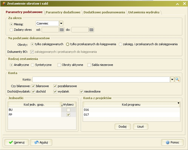 W wydruku Zestawienia Obrotów i Sald, na oknie parametryzacji zestawienia FK3300: - na zakładce "Parametry podstawowe" zostało usunięte pole "Z programu", w zamian została dodana ramka "Konta z