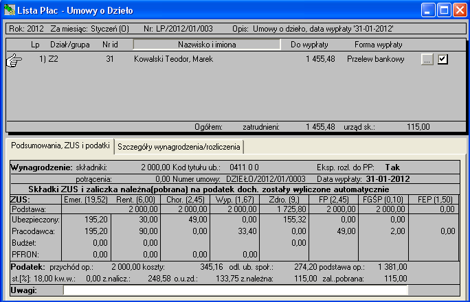 Rys. 11 Po wybraniu umowy, rozliczenie zostaje dopisane do listy płac. Po utworzeniu listy płac z rozliczeniem umowy, można wydrukować rachunek (rys. 12).
