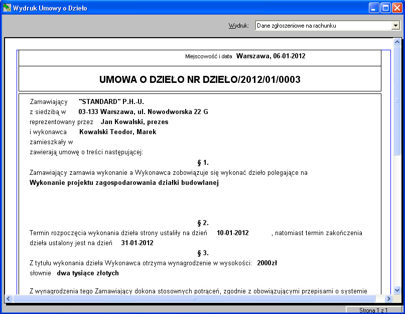 Rys. 5 Ekran 'Wydruk Umowy o Dzieło' (systemowy).