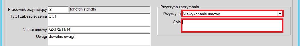 W przypadku zatrzymania depozytu klikamy w strzałkę znajdującą się przy polu Przyczyna i z listy wybieramy przyczynę zatrzymania depozytu.