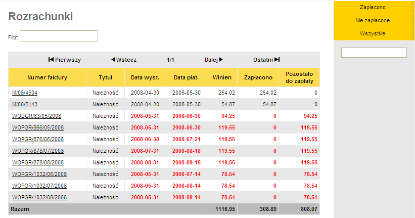 Rys. 3.5. Widok modułu rozrachunków Dostępna jest także wyszukiwarka faktur. Można to zrobić, korzystając z pola 'Filtr'. Funkcja wyszukuje daną frazę w kolumnie 'Numer faktury'.