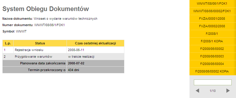 Rys. 3.11. Widok modułu System obiegu dokumentów SYSTEM OBIEGU DOKUMENTÓW (V2) Moduł zawiera dokładny opis obiegu wybranego dokumentu. Pokazana jest nazwa, numer i symbol dokumentu.