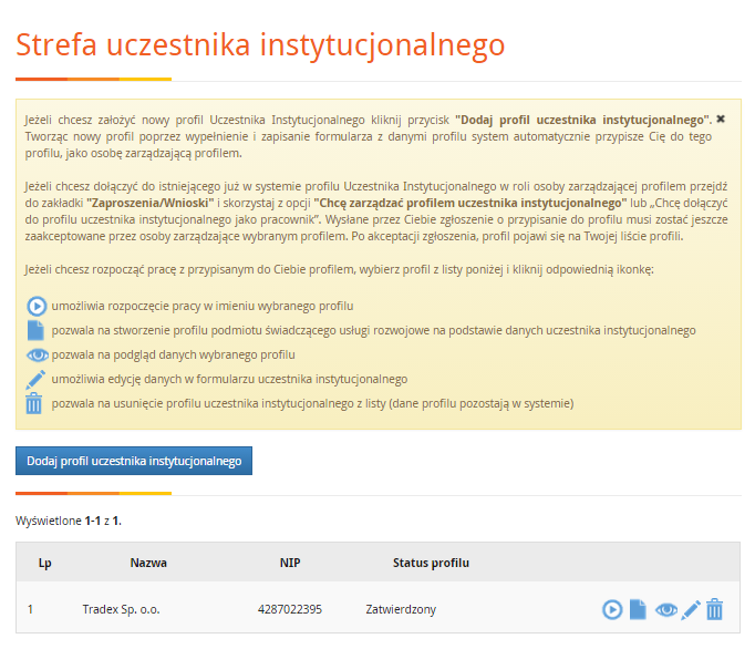 Rysunek 34 Po przejściu do profilu wybranego Uczestnika instytucjonalnego należy wybrać