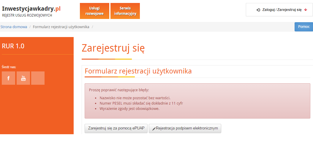 Rysunek 5 Jeśli dane nie zostały wprowadzone poprawnie, mechanizm sprawdzający wskazuje miejsca,