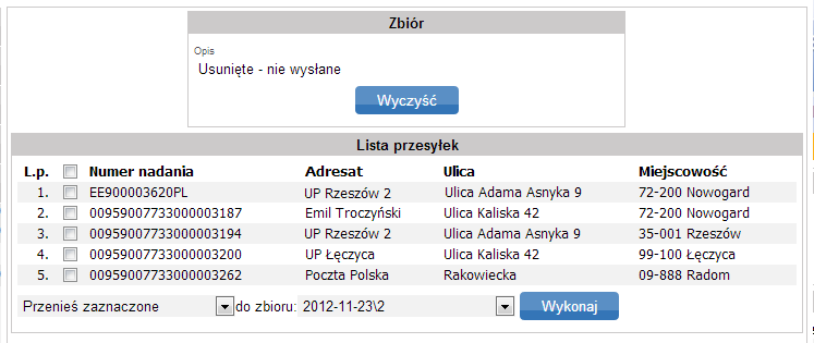 Zbiór zostaje przywrócony do zakładki, z której W przypadku, gdy usunięcie dotyczy przesyłek usuniętych a nie wysłanych, po kliknięciu w znacznik, pojawi się okno (Rys.
