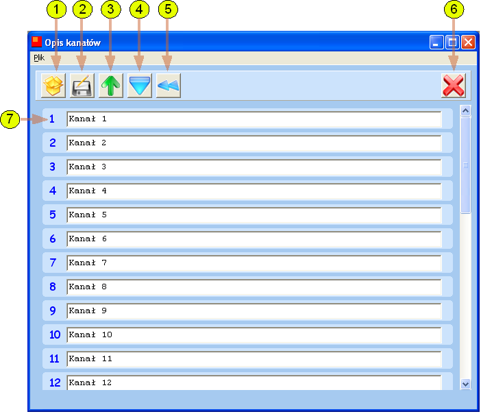 Przycisk (3) zamyka okno. Oprogramowanie narzędziowe KSKNF od wersji 1.08 umożliwia nadawanie kanałom (wejściom binarnym) nazw.