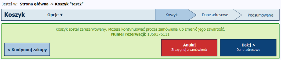 Proces zamawiania obejmuje: rezerwację koszyka w systemie sprzedaży i informację zwrotną o tym do systemu B2B; w trakcie rezerwacji koszyk nie może być modyfikowany po otrzymaniu informacji o