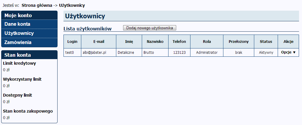 5.1. Strona Dane konta umożliwia: Wyświetlanie adresu główny, widniejący w sekcji Dane firmy. Nie może on być modyfikowany. Jest to główny adres używany także jako adres płatności.