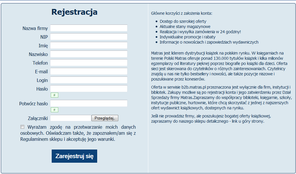 Instrukcja systemu B2B 1. Rejestracja i logowanie 1.1. Sklep hurtowy firmy Matras znajduje się pod adresem http://b2b.matras.pl 1.2. Strona rejestracji i logowania 1.3.