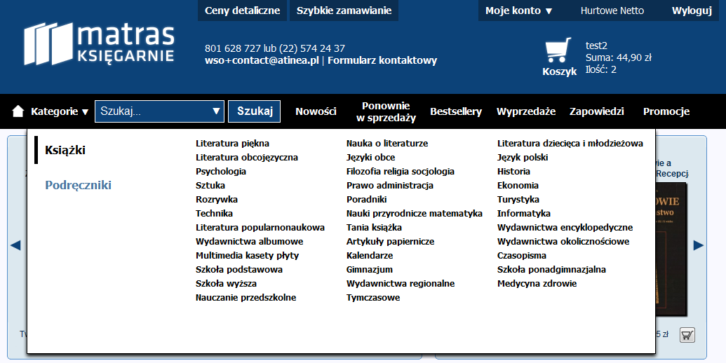 Z lewej strony znajdują się kategorie główne, odpowiadające typom towarów (Książki, Podręczniki) przełączenie się (wybór kursorem) pomiędzy