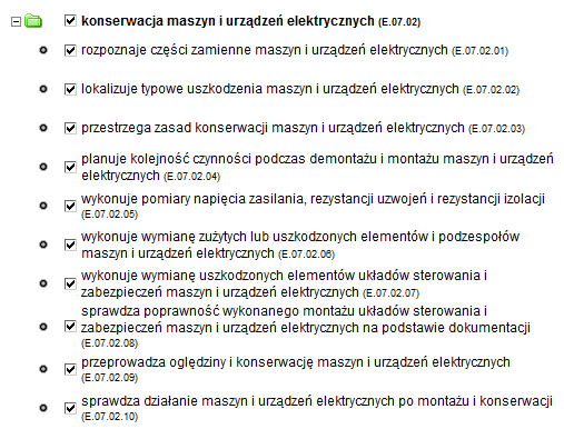 Jeśli kliknie się w drzewie przy kwalifikacji zaznaczone zostaną wszystkie kompetencje przypisane do kwalifikacji, a system automatycznie doda do listy wszystkie umiejętności zawarte w danej