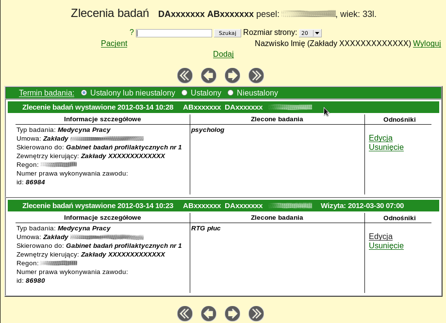 E-zlecenia 10 Poniżej zaprezentowano listę zleconych badań dla pacjenta DAxxxxxxx ABxxxxxxx.