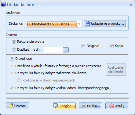 2. Moduł FINANSE - Rejestr faktur własnych a) W okienku Drukuj fakture wprowadzono możliwość wydruku adresu korespondencyjnego na oddzielnej kartce.