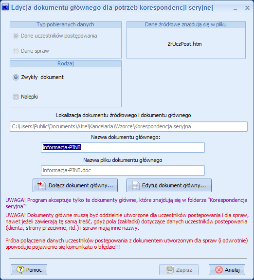 Po wybraniu rodzaju dokumentu głównego i konkretnego dokumentu korespondencji seryjnej, wygenerowaniu pliku źródłowego z danymi z bazy i scaleniu dokumentu z plikiem źródłowym, zostanie utworzony