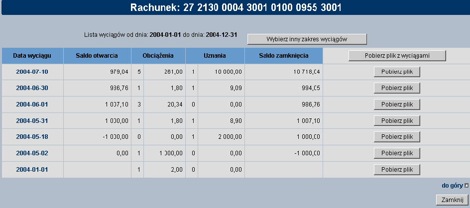 W oknie tym należy określić zakres listy wyciągów.