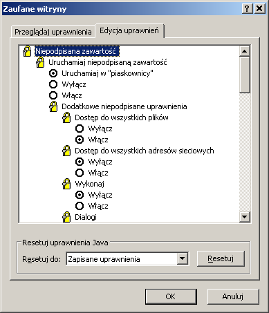 Następnie wybrać przycisk Niestandardowe ustawienia języka Java... Otworzy się okno umożliwiające ustawienie poziomu niestandardowego dla zaufanych witryn.