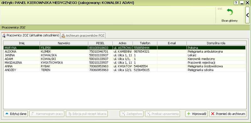 1 z 31 2008-02-15 14:08 Otworzy się panel Pracownicy ZOZ udostępniający funkcje zarządzania pracownikami: Zaznacz pracownika na odpowiedniej liście i kliknij umowy aby ustalić datę zakończenia Data