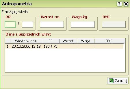 2 z 31 2008-02-15 14:08 Standardowo formularz zawiera najbardziej aktualne pomiary uzyskane przy poprzednich wizytach - sekcja Poprzednie wyniki W czasie wizyty naleŝy dokonać nowych pomiarów i