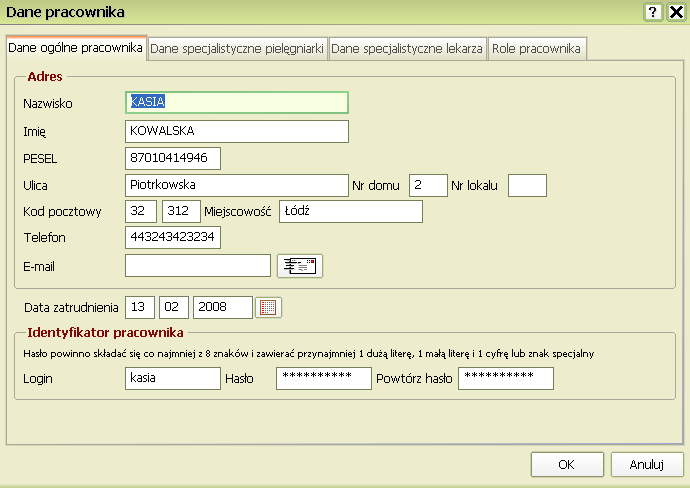 z 31 2008-02-15 14:08 Dane pracownika Okno Danych pracownika zawsze zawiera Dane ogólne pracownika a w przypadku lekarzy i pielęgniarek takŝe Dane specjalistyczne lekarza i Dane specjalistyczne