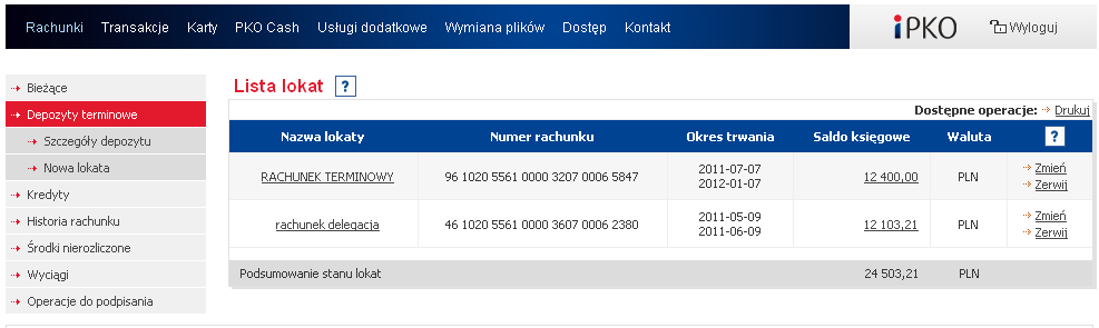 Klikając w kwotę znajdującą się w rubryce Środki dostępne następuje przejście do opcji Środki nierozliczone, zaś w rubryce "Saldo księgowe" do Historii rachunku.