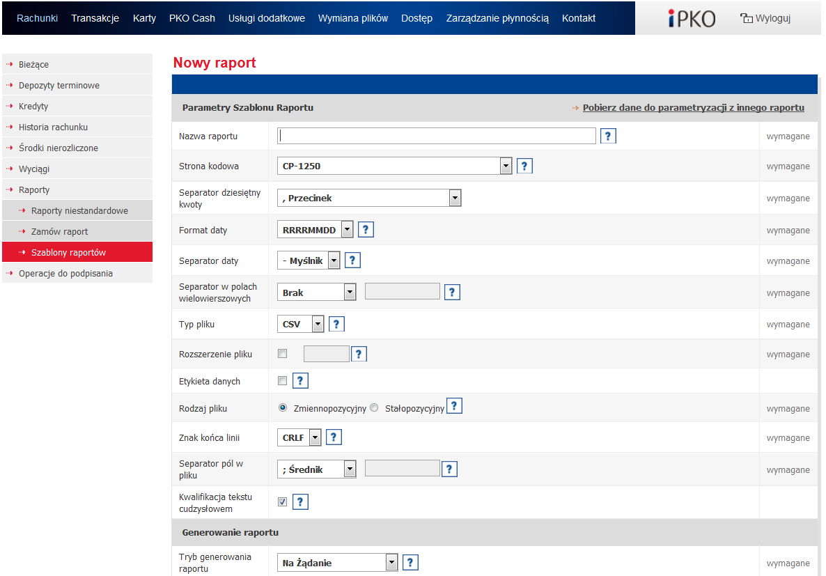 Podczas tworzenia nowego szablonu raportu można skorzystać z opcji Pobierz dane do parametryzacji z innego raportu.