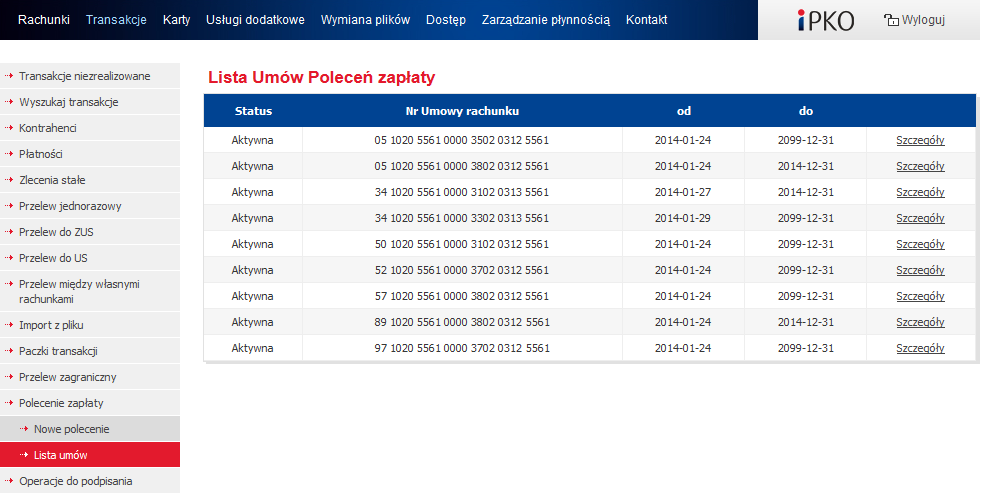 Lista umów Ekran Lista umów prezentuje listę rachunków, dla których zarejestrowana jest umowa Polecenia Zapłaty.