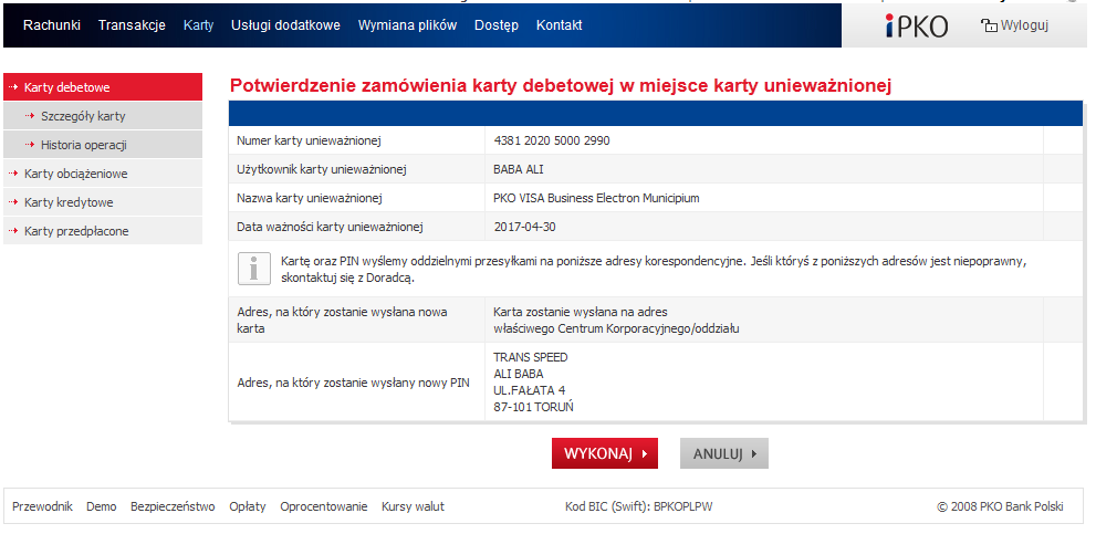 Karty obciążeniowe Moduł kart obciążeniowych w ipko biznes pozwala na: prezentowanie bieżących informacji na temat umowy o korzystanie z kart obciążeniowych oraz listy wydanych kart, przegląd