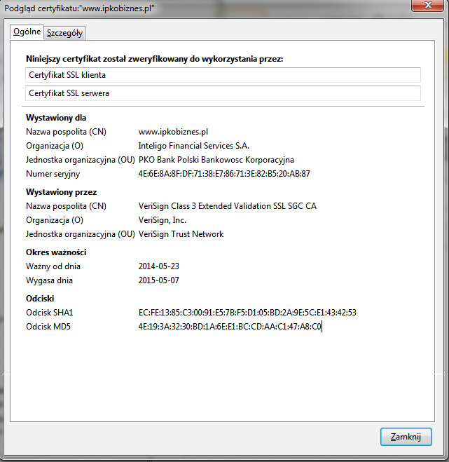 Przykładowy wygląd certyfikatu: Internet Explorer 9 Firefox: Infolinia (pn. pt. 8.
