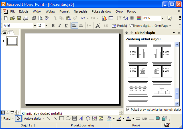 Rys. 13 Ekran roboczy programu z widocznymi propozycjami układu slajdu Prezentację technik tworzenia slajdów rozpoczniemy od stworzenia slajdu tytułowego.