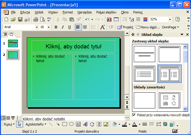 Kolejny tworzony przykładowy slajd będzie zawierał dwukolumnową listę wypunktowaną i będzie oparty na proponowanym przez program układzie slajdu. Opisywaną sytuację przedstawia rys. 16. Rys.