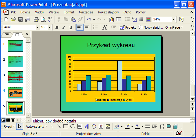 Rys. 25 Widok ekranu roboczego z przykładowym wykresem Przygotowanie prezentacji z chronometrażem i elementami animacji Animowanie obiektu Pokazując prezentację staramy się skupić uwagę audytorium na