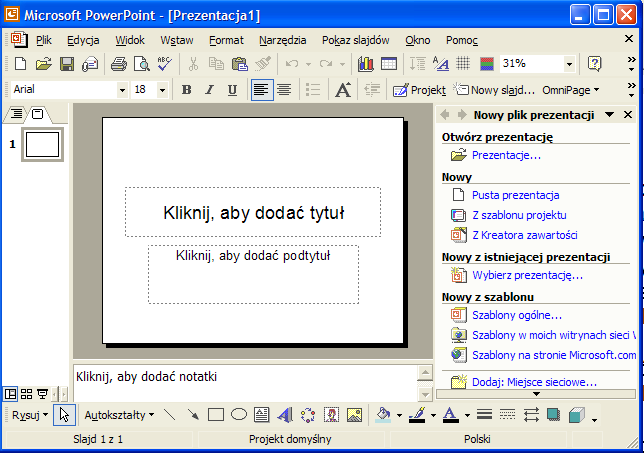 Kiedy uruchamiamy program PowerPoint (Start, Programy, Microsoft PowerPoint), ukazuje się okno ekranu roboczego programu PowerPoint (rys. 1).