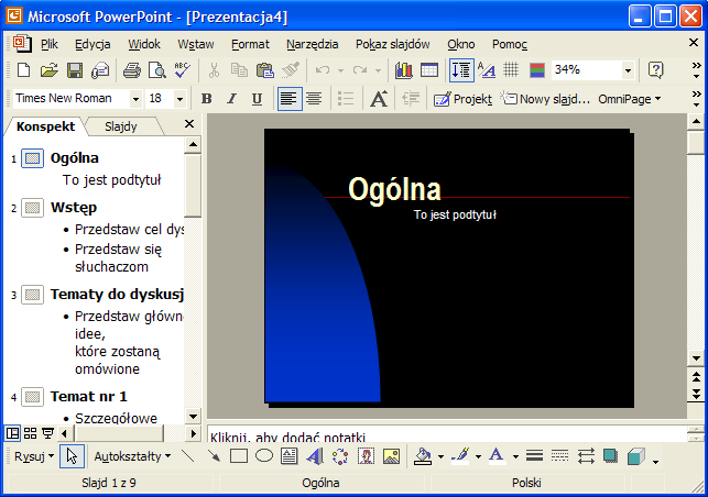 Rys. 10 Szablon prezentacji "Ogólna" w widoku konspektu Dla osób, które mają doświadczenie w przygotowywaniu prezentacji lub własną wizję układu poszczególnych slajdów program PowerPoint oferuje