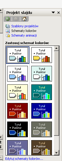 Ćwiczenie 2 Zastosowanie szablonów i schematów kolorów 1. Z menu Format wybierz Projekt slajdu... W okienku zadań po prawej stronie ekranu pojawi się podgląd szablonów projektów.