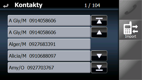 Książka telefoniczna Naciśnij ikonę Kontakty. Naciśnij ikonę Import.