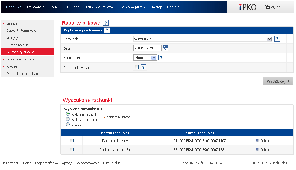 3.9. RAPORTY PLIKOWE W zakładce Raporty plikowe można zamówić raport w jednym z trzech formatów, do wyboru: Elixir, MT940, Kontakt.