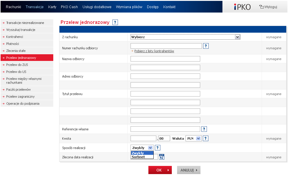 obligatoryjnie realizowane przez system SORBNET. UWAGA! Opcja przelewu pilnego nie dotyczy przelewów do ZUS oraz przelewów wewnętrznych. Dyspozycja wykonania przelewu jednorazowego wymaga podpisu.