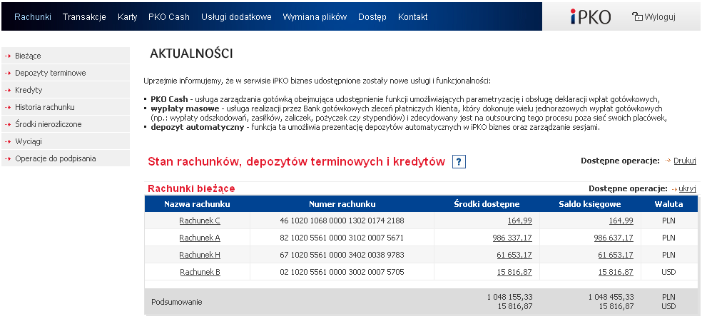 3. FUNKCJONALNOŚĆ 3.1. RACHUNKI Opcja menu Rachunki jest stroną domyślną, która pojawia się po zalogowaniu.