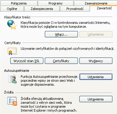 W zakładce [zabezpieczenia] dla strefy Internet ustaw poziom zabezpieczeń na [średnio-wysoki] tak, aby obsługa skryptów java była możliwa; W zakładce [Zawartość] w opcji [Autouzupełnianie] wybierz
